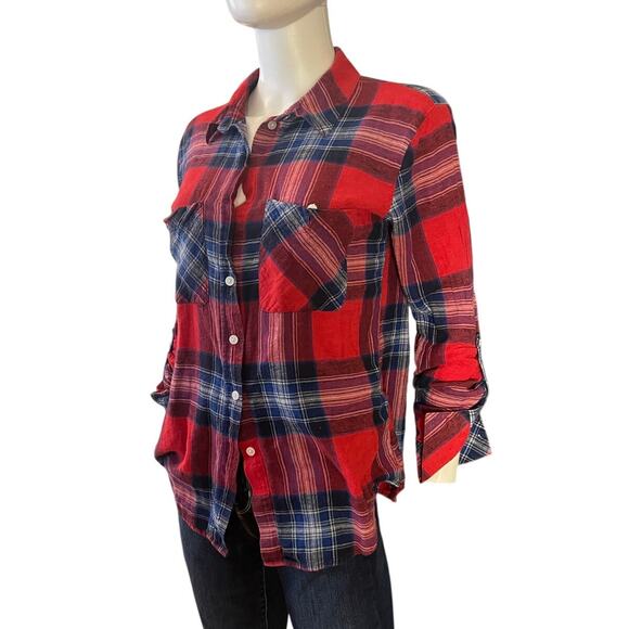 Sanctuary Red Plaid Cotton Linen Button-Down Shirt Top Size S - Picture 2 of 6